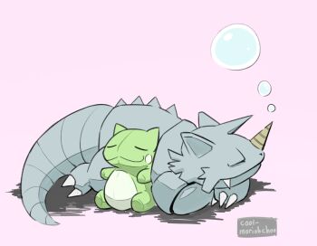 artist_name bubble commentary cool-moriohchoo english_commentary gen_1_pokemon highres nintendo pink_background pokemon pokemon_(creature) rhydon simple_background sleeping solo substitute_(pokemon)