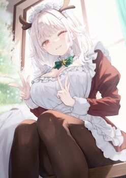 1girl ;d antlers apron blush bow bowtie breasts brown_pantyhose christmas christmas_tree cleavage commentary_request detached_collar double_v dress feet_out_of_frame green_bow green_bowtie grin hair_ornament hairclip highres horns indoors juliet_sleeves large_breasts long_hair long_sleeves maid maid_headdress one_eye_closed open_mouth original pantyhose parted_lips puffy_sleeves red_dress red_eyes sack sitting smile solo star_(symbol) v white_apron white_hair window yusuka_yuu