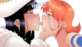 2girls artist_name black_hair blue_eyes blush close-up cowboy_hat eye_contact from_side furrowed_brow half-closed_eyes hat highres holding_face kiss kiss_focus long_hair looking_at_another multiple_girls nami_(one_piece) nico_robin nico_robin_(alabasta) nose nose_blush nyabeyo one_piece orange_hair profile red_eyes short_hair simple_background skindentation teeth white_background white_headwear yuri