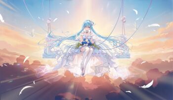 1girl above_clouds azur_lane backlighting bare_shoulders bird blue_eyes blue_flower blue_hair blue_rose blue_sky blunt_bangs blush bouquet breasts bride cleavage cleavage_cutout closed_mouth clothing_cutout cloud cloudy_sky collarbone day detached_collar dove dress dress_flower falling_feathers feathers floating_hair flower frilled_dress frills gradient_sky hair_between_eyes hair_bun hair_flower hair_ornament hair_over_one_eye hair_ribbon hair_rings high-low_skirt high_heels highres holding holding_bouquet holding_flower janus_(azur_lane) janus_(oath_under_the_morning_sun)_(azur_lane) layered_dress legs_together lens_flare light_particles light_rays long_dress long_hair looking_at_viewer medium_breasts off-shoulder_dress off_shoulder official_alternate_costume official_art one_side_up outdoors plant ribbon rose see-through_clothes see-through_dress see-through_sleeves shoes sidelocks single_hair_bun sitting sky smile solo strapless strapless_dress string sun sunbeam sunlight sunrise swing thighhighs very_long_hair wedding_dress white_bird white_dress white_feathers white_flower white_ribbon white_rose white_thighhighs wing_hair_ornament wings