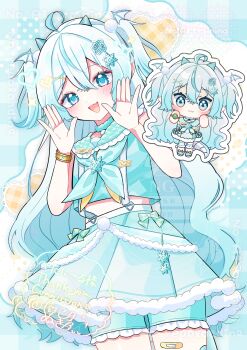 Rule 34 | 1girl, :3, :d, absurdres, ahoge, bandaid, bandaid on leg, blue choker, blue eyes, blue hair, blue neckerchief, blue sailor collar, blue shirt, blue shorts, blue skirt, blush, borrowed character, chibi, choker, closed mouth, commentary, commission, cowboy shot, double-parted bangs, fang, frilled shorts, frills, hair between eyes, hands up, head wings, highres, long hair, looking at viewer, multiple views, neckerchief, open mouth, original, sailor collar, shirt, shorts, skeb commission, skin fang, skirt, sleeveless, sleeveless shirt, small horns, smile, two side up, wataco coco, wings