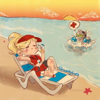 Rule 34 | beach, blonde hair, chibi, genji (overwatch), hand on own head, juice, lifeguard, mercy (overwatch), overwatch, ponytail, speech bubble, sun, visor cap