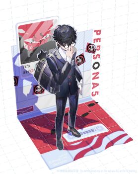 1boy adjusting_eyewear amamiya_ren animal bag black_cat black_hair black_jacket cat copyright_name grey_eyes grid_background hair_between_eyes highres jacket long_sleeves looking_at_viewer male_focus morgana_(cat)_(persona_5) morgana_(persona_5) pants persona persona_5 school_bag school_uniform shamoji_pe shoes shuujin_academy_school_uniform standing