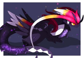 alternate_color border closed_mouth commentary_request highres koraidon levia1539 nintendo no_humans nostrils pokemon pokemon_(creature) pokemon_focus scales shiny_pokemon slit_pupils solo sparkle spines twitter_username white_border yellow_eyes