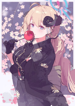 Rule 34 | 1girl, absurdres, ahoge, akari (blue archive), akari (new year) (blue archive), bilibalakonglijiwa, black gloves, black kimono, black sash, blonde hair, blue archive, blue eyes, blush, breasts, candy apple, floral print, flower, food, gloves, hair flower, hair ornament, highres, holding, holding candy apple, holding food, horns, japanese clothes, kimono, large breasts, long hair, long sleeves, looking at viewer, ponytail, print kimono, sash, smile, solo, wide sleeves