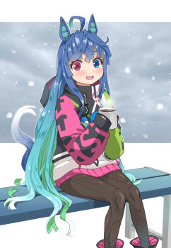 1girl :d @_@ ahoge alternate_hairstyle animal_ears aqua_hair black_jacket black_nails black_pants blue_eyes blue_hair blunt_ends blush clothes_writing coffee_mug commentary_request crossed_bangs cup foot_out_of_frame gradient_hair green_hair green_sleeves haniwa_(leaf_garden) heterochromia highres holding holding_cup hood hood_down hooded_jacket horse_ears jacket long_hair long_sidelocks long_sleeves mug multicolored_hair multicolored_jacket nail_polish on_bench open_mouth pants pink_eyes pink_sleeves raglan_sleeves raised_eyebrows sharp_teeth sidelocks sitting sleeves_past_fingers sleeves_past_wrists smile snow snowing solo teeth twin_turbo_(blast_mode!_turbo_engine)_(umamusume) twin_turbo_(umamusume) umamusume upper_teeth_only very_long_hair white_jacket
