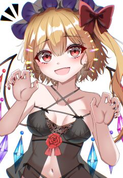 1girl absurdres babydoll bare_arms bare_shoulders blonde_hair blush bow breasts collarbone crystal crystal_wings fang flandre_scarlet hair_between_eyes hands_up hat highres jewelry kiui_(dagk8254) looking_at_viewer midriff mob_cap nail_polish navel open_mouth paw_pose red_bow red_eyes red_nails ribbon short_hair side_ponytail simple_background smile solo touhou upper_body white_background wings