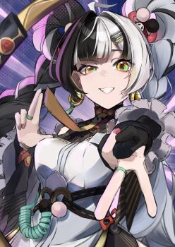 1girl ahoge aqua_nails bare_shoulders black_hair braid braided_twintails breasts chakram china_dress chinese_clothes commentary_request detached_sleeves dialyn_(zenless_zone_zero) double_bun dress earrings gloves grin hair_bun hair_intakes hair_ornament half-closed_eye highres jewelry long_hair looking_at_viewer medium_breasts multicolored_hair multicolored_nails necktie panda_hair_ornament partially_fingerless_gloves purple_background red_nails smile solo sparkling_eyes split-color_hair upper_body user_yerf5583 v weapon white_dress white_hair wire yellow_eyes yellow_necktie zenless_zone_zero