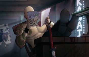 1boy arm_tattoo bald black_boots black_pants boots devilhs highres indoors magazine_(object) pants reading shadow_warrior signature sitting tattoo topless_male