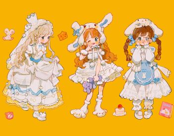 3girls alarm_clock animal_ear_hood animal_ears animal_print animal_slippers apron aqua_eyes back_bow bare_arms blonde_hair bloomers blue_apron blue_bow blush_stickers book bow braid brown_hair bunny_slippers buttons cake cake_slice cheese clock closed_mouth clothes_lift collar collared_dress commentary covering_face cross-laced_footwear crown detached_hood dress dress_lift elbow_gloves english_commentary eyelashes fake_animal_ears floppy_ears flower food frilled_collar frilled_sleeves frills frown full_body fur-trimmed_dress fur_socks fur_trim gloves hair_bow hair_flower hair_ornament hat hat_bow high_contrast highres holding holding_stuffed_toy hood lace-trimmed_bow lace_dress lace_trim layered_dress lifting_own_clothes lolita_fashion long_dress long_hair long_sleeves looking_ahead looking_at_viewer mini_crown mini_hat mini_top_hat multiple_girls neck_ribbon one_eye_closed open_mouth orange_hair original parted_lips plate pom_pom_(clothes) puffy_long_sleeves puffy_short_sleeves puffy_sleeves pump putong_xiao_gou rabbit_ears rabbit_print red_lips ribbon rose see-through_dress_layer short_dress short_sleeves sidelocks simple_background single_wrist_cuff sleeveless sleeveless_dress slippers smile socks straight-on stuffed_animal stuffed_rabbit stuffed_toy teeth top_hat twin_braids twintails underwear upper_teeth_only v veil very_long_hair waist_apron wavy_hair wedding_dress white_bloomers white_bow white_dress white_flower white_footwear white_gloves white_headwear white_hood white_ribbon white_rose white_socks white_veil white_wrist_cuffs wrist_cuffs yellow_background