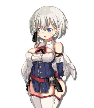 Rule 34 | 1girl, angel, angel wings, arm behind back, ascot, belt, blue eyes, braid, breasts, cowboy shot, cross, detached sleeves, dress, feathered wings, game cg, garter straps, hair between eyes, hair ribbon, hikaru (sgst), large breasts, large variant set, low wings, lumiel (oukoku no shugo tenshi), non-web source, open mouth, oukoku no shugo tenshi, pointy ears, ribbon, short hair, simple background, smile, solo, standing, strapless, strapless dress, thighhighs, transparent background, variant set, wings