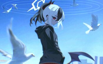 Rule 34 | 1girl, bird, black hair, black horns, blue archive, choker, closed mouth, colored tips, glowing, glowing halo, halo, hand in pocket, highres, hood, hoodie, horns, kayoko (blue archive), looking at viewer, looking back, multicolored hair, pigeon, ponytail, red eyes, red skirt, shi draco, single wing, skirt, sky, solo, turning head, white hair, white halo, wings