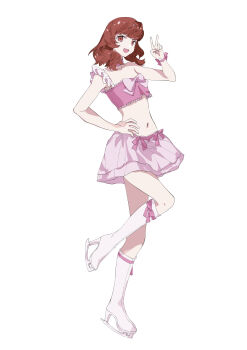 1girl absurdres bare_arms bare_shoulders boots bow bow_skirt bowtie brown_hair choker commentary_request eyelashes footwear_bow frilled_straps full_body hand_on_own_hip happy harune_aira high_heel_boots high_heels highres ice_skates knee_boots lace lace-trimmed_choker lace-trimmed_shirt lace_trim medium_hair midriff miniskirt morgue_(southsakura) navel open_mouth pink_bow pink_bowtie pink_choker pink_shirt pink_skirt pleated_skirt pretty_rhythm pretty_rhythm_aurora_dream pretty_series red_eyes shirt simple_background single_strap skates skirt sleeveless sleeveless_shirt smile solo swept_bangs v wavy_hair white_background white_boots wrist_bow