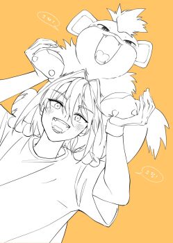 1other 519luck :d fangs gen_1_pokemon greyscale_with_colored_background growlithe highres holding holding_pokemon korean_text nintendo open_mouth orange_background pokemon pokemon_(creature) shirt simple_background smile t-shirt teeth tongue upper_body