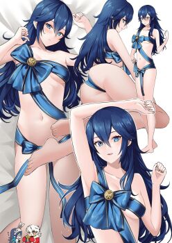 1boy 1girl ameno_(a_meno0) ass barefoot bed_sheet blue_eyes blue_hair blue_ribbon blush breasts chibi christmas fingernails fire_emblem fire_emblem_awakening fire_emblem_heroes gift highres long_hair looking_at_viewer lucina_(fire_emblem) lucina_(spring_exalt)_(fire_emblem) male_robin_(fire_emblem) multiple_views naked_ribbon navel nintendo parted_lips ribbon male_robin_(festive_tactician)_(fire_emblem) simple_background small_breasts smile symbol-shaped_pupils toes white_background