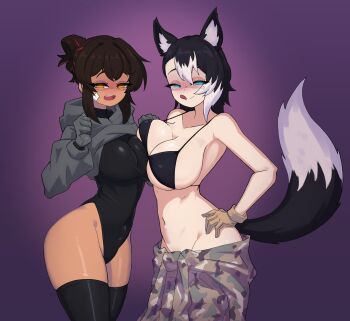 2girls absurdres animal_ear_fluff animal_ears asymmetrical_docking bandaid bandaid_on_face black_bra black_hair black_leotard black_thighhighs blue_eyes blush borrowed_character bra breast_press breasts brown_gloves brown_hair closed_mouth clothes_lift collarbone cowboy_shot dark-skinned_female dark_skin doce female_focus gloves glowing glowing_eyes grey_gloves grey_hoodie hair_bun half-closed_eyes hand_on_own_hip highres hood hoodie hoodie_lift ko_winters leotard licking_lips looking_at_viewer multicolored_hair multiple_girls navel no_shirt open_mouth orange_eyes original purple_background red_hair skindentation smile tail thighhighs tongue tongue_out two-tone_hair underwear white_hair wolf_ears wolf_girl wolf_tail