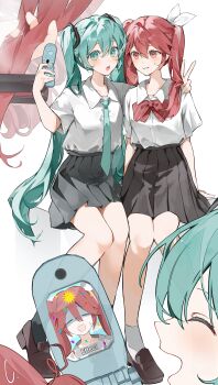 2girls absurdres alternate_hairstyle aqua_eyes aqua_hair aqua_necktie black_skirt black_socks blouse blush bow bowtie cellphone closed_eyes collar collarbone flip_phone grey_skirt hair_between_eyes hair_bow hair_ornament hair_straightener hatsune_miku highres holding_another's_hair holding_hair_straightener kasane_teto kasane_teto_(sv) loafers long_hair looking_at_phone mesmerizer_(vocaloid) multicolored_hair multiple_girls myanya necktie open_mouth phone pleated_skirt red_bow red_bowtie red_eyes red_hair school_uniform screen shirt shoes short_sleeves simple_background sitting skirt socks streaked_hair sweatdrop synthesizer_v twintails utau very_long_hair vocaloid white_background white_bow white_shirt white_socks worried