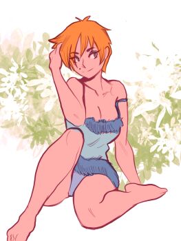 1girl barefoot blonde_hair breasts cassidy_(neal_d._anderson) closed_mouth commentary english_commentary highres knee_up looking_at_viewer medium_breasts mole mole_above_mouth neal_d._anderson nightgown original protected_link sitting smile solo white_nightgown