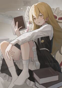 1girl absurdres apron black_skirt black_vest blonde_hair bloomers book commentary_request frilled_skirt frills hair_between_eyes highres holding holding_book kirisame_marisa long_hair long_sleeves missing_headwear open_book open_mouth reading sei_(sei_ha1) shirt skirt socks solo squeans touhou twitter_username underwear vest waist_apron white_apron white_bloomers white_shirt white_socks yellow_eyes