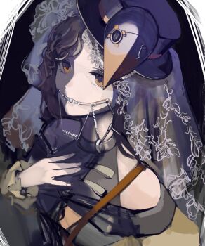 1girl bare_shoulders black_background black_dress black_hat black_veil braces brown_eyes brown_hair clothing_cutout cowboy_shot dress grin hand_up hat highres mask mask_on_head nnicoinu official_alternate_costume reverse:1999 shoulder_cutout smile solo tooth_fairy_(reverse:1999) veil