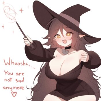 Rule 34 | 1girl, absurdres, black choker, black dress, black hat, blush, breasts, bright pupils, brown eyes, brown hair, brown ribbon, casting spell, choker, cleavage, commentary, double-parted bangs, dress, english commentary, english text, fang, hat, hat ribbon, heart, heart-shaped pupils, heart locket, highres, holding, holding wand, huge breasts, indie virtual youtuber, long hair, long sleeves, looking at viewer, open mouth, pointy ears, puffy long sleeves, puffy sleeves, ribbon, simple background, sky above me, sky above me (vtuber), smile, solo, sparkle, squiggle, symbol-shaped pupils, teeth, thick thighs, thighs, upper body, upper teeth only, very long hair, virtual youtuber, wand, white background, white pupils, witch hat