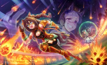 3girls animal_ear_piercing animal_ears arm_ribbon armor armored_boots artist_request bare_arms bare_shoulders beret black_bodysuit black_gloves black_pantyhose blue_bow blunt_bangs bodysuit boots bow bowtie bracer breasts brown_boots brown_hair brown_hat capelet cleavage cleavage_cutout clothing_cutout collared_dress corset crazy_eyes determined diamond_cutout dress dutch_angle ear_bow earmuffs el_condor_pasa_(kukulkan_warrior)_(umamusume) el_condor_pasa_(umamusume) evil_grin evil_smile eyelashes fang feather-trimmed_corset feather_hair_ornament feathers fire furrowed_brow game_cg gloves glowing gold_ship_(red_strife)_(umamusume) gold_ship_(umamusume) grass_wonder_(saintly_jade_cleric)_(umamusume) grass_wonder_(umamusume) green_capelet green_hat grey_hair grin hair_between_eyes hair_ornament hat high_heel_boots high_heels highres holding holding_staff horse_ears horse_girl horse_tail knee_boots knee_pads knee_up large_breasts light_particles long_hair looking_at_another magic medium_dress meteor_shower motion_lines multiple_girls multiple_piercings night night_sky official_alternate_costume official_art open_mouth orange_boots orange_ribbon outdoors outstretched_hand pantyhose pauldrons pleated_dress projected_inset purple_eyes racing red_bow red_bowtie red_dress ribbon running shoulder_armor sidelocks single_pauldron sky sleeveless sleeveless_bodysuit sleeveless_dress smile speed_lines staff star_(sky) starry_sky straight_hair tail teeth thick_eyebrows thigh_cutout track_and_field tree turtleneck turtleneck_bodysuit umamusume upper_teeth_only very_long_hair white_dress white_gloves wrestling_mask yellow_corset yellow_mask