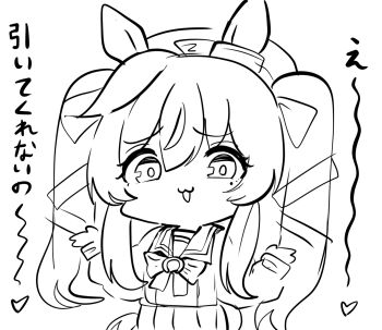 1girl animal_ears beret bow greyscale hair_between_eyes hair_ribbon hands_up hat highres horse_ears kawamochi_(kawauti919) long_hair looking_at_viewer mole mole_under_eye monochrome open_mouth pleated_skirt ribbon school_uniform shirt shrugging simple_background sketch skirt solo tracen_school_uniform translation_request twintails umamusume very_long_hair vivlos_(umamusume) white_background