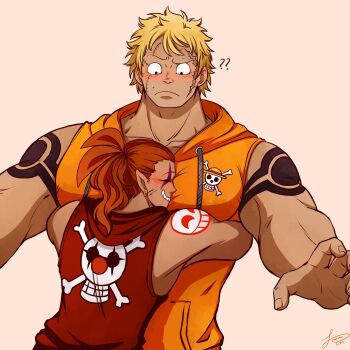 2boys ? ?? absurdres bakushou_(samayajonna) bara bellamy_(one_piece) between_pecs between_pectorals blonde_hair blush buggy_the_clown_jolly_roger couple dark-skinned_male dark_skin head_between_pecs headband height_difference highres hood hoodie hug hyena_(samayajonna) jolly_roger large_pectorals male_focus multiple_boys muscular muscular_male nipples oc_x_canon one_piece original pectoral_cleavage pectorals red_eyes short_hair solo_focus straw_hats_jolly_roger surprise_hug surprised upper_body yaoi