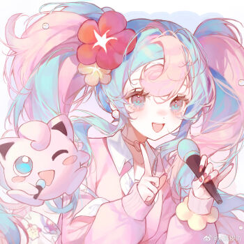 1girl aqua_hair creature crossover fairy_miku_(project_voltage) gen_1_pokemon hatsune_miku highres holding holding_microphone jigglypuff long_hair microphone nintendo one_eye_closed open_mouth pink_hair pokemon pokemon_(creature) project_voltage smile solo twintails upper_body vocaloid watermark weibo_watermark xi_guapi