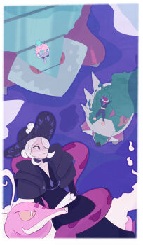 Rule 34 | 1girl, 2boys, absurdres, aqua hair, arms behind head, black dress, black eyes, black hat, border, chest hair, closed mouth, cogita (pokemon), colored sclera, dress, enamorus, enamorus (therian), from above, gaeric (pokemon), galaxy team survey corps uniform, gen 4 pokemon, hair over one eye, hat, highres, hisuian avalugg, lying, multiple boys, nintendo, on back, pokemon, pokemon (creature), pokemon legends: arceus, rei (pokemon), riding, riding pokemon, smile, tahobitz, topless male, torterra, white border, white eyes, white hair, wide brim, yellow sclera