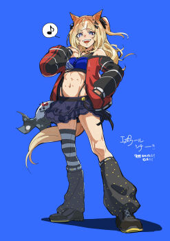1girl abs absurdres animal_ears arched_bangs bare_shoulders bikini bikini_top_only black_leg_warmers black_shoes black_thighhighs blonde_hair blue_bikini blue_eyes blunt_bangs espoir_city_(red_devil_gear)_(umamusume) espoir_city_(umamusume) fangs hand_in_pocket highres horse_ears horse_girl horse_tail jacket leg_warmers long_hair looking_at_viewer muscular muscular_female navel ohayonabeno one_side_up purple_skirt red_jacket shoes single_thighhigh skirt sneakers solo stomach striped_clothes striped_thighhighs swimsuit tail thighhighs umamusume