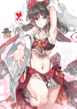 2girls absurdres adapted_costume arm_up armpits ascot black_bra bow bra braid breasts brown_eyes brown_hair clothing_cutout commentary_request detached_sleeves frilled_bow frilled_hair_tubes frills hair_bow hair_tubes hakurei_reimu hat hat_bow heart highres hip_vent kirisame_marisa leg_up long_hair looking_at_viewer midriff multiple_girls navel one_eye_closed open_mouth paid_reward_available presenting_armpit purple_bow reaching reaching_towards_viewer red_bow red_skirt ribbon-trimmed_sleeves ribbon_trim sideboob signature single_braid skirt skirt_set socks spoken_heart sunnysideup thighs touhou underwear white_socks witch_hat yellow_ascot