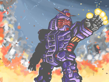 beam_cannon building burning chest_cannon chibi commentary_request debris destruction energy energy_gun faceplate finger_cannon firing gundam gundam_gquuuuuux highres machinery mecha mecha_focus mobile_suit mukago no_humans partial_commentary psycho_gundam reactive_armor red_visor robot ruins science_fiction signature sketch smoke solo v-fin weapon