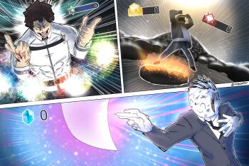 1other 2boys ambiguous_gender arknights bag blue_archive crossover doctor_(arknights) doodle_sensei_(blue_archive) duffel_bag fate/grand_order fate_(series) fujimaru_ritsuka_(male) gameplay_mechanics gem highres hwendajun multiple_boys multiple_crossover necktie sensei_(blue_archive) summoning