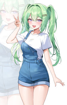 1girl absurdres arm_at_side blush breasts commentary_request cowboy_shot denim_overalls double-parted_bangs green_hair hair_between_eyes hair_intakes hair_ornament hairclip hand_up highres korean_commentary long_bangs long_hair medium_breasts muru_(muru_zi) open_mouth overall_shorts overalls parallel_hairclips purple_eyes shirt short_sleeves smile solo standing stellive t-shirt twintails v virtual_youtuber white_background white_shirt yuzuha_riko zoom_layer