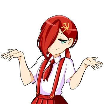 aqua_eyes artist_request communism-chan dress_shirt hammer_and_sickle hands_up narrowed_eyes necktie non-web_source one_eye_covered original red_hair red_necktie shirt short_sleeves shrugging smirk strap_pull transparent_background white_shirt