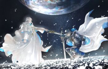 1boy 1girl adventurer_(ff14) armor black_hair blue_eyes breastplate cape capelet cho.s.h drawstring falling_petals faulds final_fantasy final_fantasy_xiv floating_cape full_body gauntlets glowing glowing_petals greaves highres holding holding_sword holding_weapon hyur knighting long_hair mask mask_around_neck on_one_knee outstretched_arm paladin_(final_fantasy) pauldrons petals planet robe short_hair shoulder_armor sky sophist&#039;s_robe_(ff14) standing star_(sky) starry_sky sword two-sided_fabric unworn_mask venat_(ff14) warrior_of_light_(ff14) weapon white_cape white_capelet white_hair white_robe