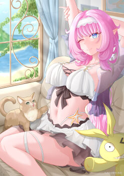1girl ;) absurdres bikini bikini_skirt blue_eyes blue_sky breasts cat chinese_commentary commentary_request elf elysia_(honkai_impact) elysia_(miss_pink_elf)_(honkai_impact) elysia_(summer_miss_elf)_(honkai_impact) hairband highres homu_(honkai_impact) honkai_(series) honkai_impact_3rd indoors large_breasts miyoushe_watermark navel official_alternate_costume one_eye_closed pink_hair pointy_ears qing_tian_z_gudu sky smile solo stomach stretching swimsuit thighs watermark white_bikini white_hairband window