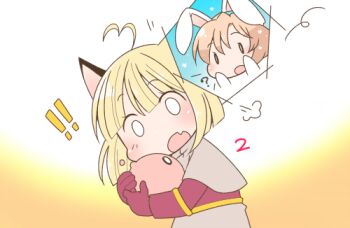 Rule 34 | !, !!, 2girls, acolyte (ragnarok online), ahoge, animal ears, blonde hair, blunt bangs, brown capelet, capelet, cat ears, cat girl, commentary request, creature, fake animal ears, fang, gloves, heart, heart ahoge, holding, holding creature, iyofika, lowres, multiple girls, open mouth, poring, rabbit ears, ragnarok online, ragnarok origin, red gloves, red shirt, shirt, skin fang, slime (creature), solo focus, upper body