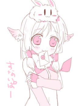 1girl :3 animal animal_on_head blush breasts commentary_request crop_top envelope fingerless_gloves gloves haruno_ichigo head_wings letter looking_at_viewer lowres lunatic_(ragnarok_online) medium_hair monochrome mouth_hold on_head pink_theme rabbit ragnarok_online shirt simple_background sleeveless sleeveless_shirt small_breasts sniper_(ragnarok_online) solo upper_body wings