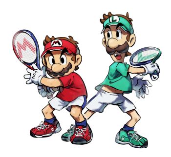 2boys black_eyes blue_socks brothers brown_facial_hair brown_hair facial_hair gloves green_hat green_shirt green_shoes hat holding holding_tennis_racket looking_at_viewer looking_to_the_side luigi male_focus mario mario_(series) mario_tennis mario_tennis_fever multiple_boys mustache navel nintendo official_alternate_costume open_mouth racket red_shirt red_shoes red_visor shirt shoes short_hair short_sleeves shorts siblings sneakers socks standing teeth tennis_racket upper_teeth_only visor_cap white_background white_gloves white_shorts yamari_(ya_mari_6363)