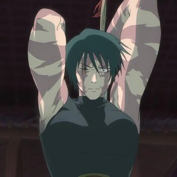 Rule 34 | 1girl, anime screenshot, breasts, green hair, holding, holding polearm, holding weapon, jujutsu kaisen, large breasts, looking at viewer, muscular, muscular female, non-web source, one eye closed, polearm, scar, scar on face, sleeveless, sleeveless turtleneck, solo, turtleneck, weapon, zen'in maki, zen'in maki (post shibuya)