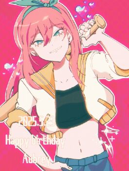1girl aliasing aubrey_(faraway)_(omori) aubrey_(omori) baseball_bat blue_eyes blue_hairband blue_skirt character_name collarbone crop_top cropped_jacket dated denim denim_skirt double-parted_bangs ear_piercing hairband hand_on_own_hip happy_birthday harumiya_ut heart highres holding holding_baseball_bat jacket long_hair looking_at_viewer navel omori parted_lips piercing pink_background pink_hair short_sleeves simple_background skirt smile solo white_jacket
