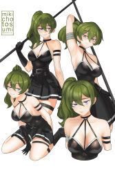 Rule 34 | 1girl, absurdres, arm strap, arm up, armpits, bare shoulders, black choker, black dress, black gloves, breasts, choker, commentary, cropped torso, dress, gloves, green hair, grin, halter dress, halterneck, highres, long hair, looking at viewer, medium breasts, mikicho, multiple views, purple eyes, seiza, side ponytail, simple background, sitting, sleeveless, sleeveless dress, smile, sousou no frieren, thigh strap, ubel (sousou no frieren), upper body, white background