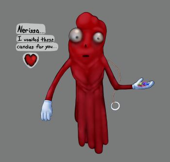 candy captainskelefun colored_skin commentary creature cryptid emaciated english_commentary english_text food gloves grey_background heart highres holding holding_candy holding_food hololive hololive_english horror_(theme) looking_at_viewer monster no_nose red_skin red_thin ribs simple_background skinny string string_pull talking tentacles white_gloves