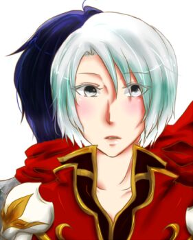 2boys assassin_cross_(ragnarok_online) back-to-back blue_hair blush coat comiket_82 commentary_request gold_trim grey_eyes grey_hair high_priest_(ragnarok_online) looking_at_viewer lowres male_focus multiple_boys parted_lips ragnarok_online red_coat red_scarf scarf short_hair simple_background solo_focus upper_body white_background yuchey