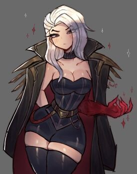 1girl black_dress black_jacket black_thighhighs blush breasts collarbone colored_skin dress genderswap genderswap_(mtf) grey_background grey_hair highres jacket jacket_on_shoulders large_breasts league_of_legends long_hair pan_(panf0) red_jacket red_skin shiny_clothes solo sparkle swain_(league_of_legends) thighhighs
