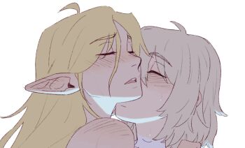 2girls ahoge blonde_hair blush closed_eyes commentary couple dungeon_meshi ear_blush elf english_commentary eyebrows_hidden_by_hair falin_touden grey_hair hair_between_eyes kiss kissing_cheek long_hair marcille_donato moaning multiple_girls neck oliviajtaylor20 open_mouth paid_reward_available pointy_ears round_teeth short_hair simple_background teeth upper_body upper_teeth_only white_background yuri