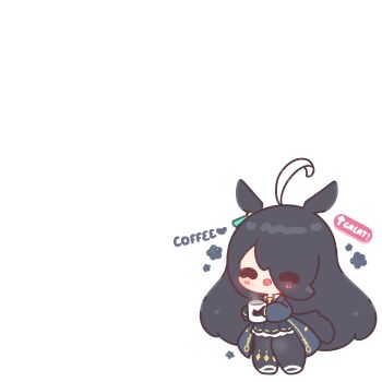 Rule 34 | 1girl, absurdres, ahoge, animal ears, black coat, black gloves, black hair, black pantyhose, black shirt, blush, chibi, chibi only, closed eyes, coat, coffee mug, collared shirt, commentary, cup, decrilus, ear tag, earrings, english commentary, gloves, hair between eyes, highres, holding, holding cup, horse ears, horse girl, horse tail, jewelry, long bangs, long hair, long hair between eyes, long sleeves, manhattan cafe (creeping black) (umamusume), manhattan cafe (umamusume), mood (umamusume), mug, multicolored hair, necktie, open mouth, pantyhose, shirt, single earring, skirt, smile, solo, steaming cup, tail, umamusume, very long hair, white hair, yellow necktie