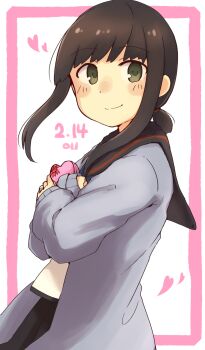 Rule 34 | 1girl, black sailor collar, black skirt, blush, box, brown hair, cardigan, commentary request, dated, fubuki (kancolle), fubuki kai ni (kancolle), gift, gift box, green eyes, heart, heart-shaped box, highres, jewelry, kantai collection, long sleeves, ma rukan, pleated skirt, ponytail, purple cardigan, ring, sailor collar, school uniform, serafuku, short hair, short ponytail, skirt, smile, solo, valentine, wedding ring